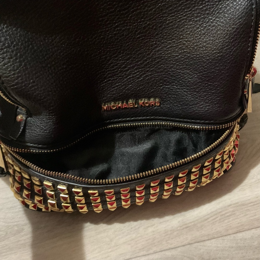 Michael Kors Black leather with metallic Gold studs rivet Backpack chic rockstar - Picture 13 of 16